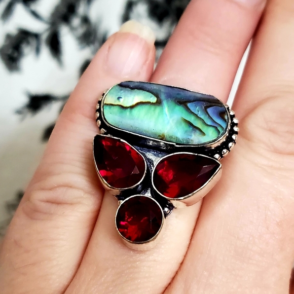 New Abalone Shell & Garnet 925 Silver Ring. - Picture 9 of 9
